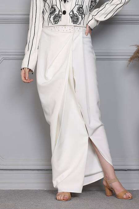 Midori By Sgv_White Imported Crepe Embroidered Cropped Jacket And Draped Skirt Set  _Online_at_Aza_Fashions