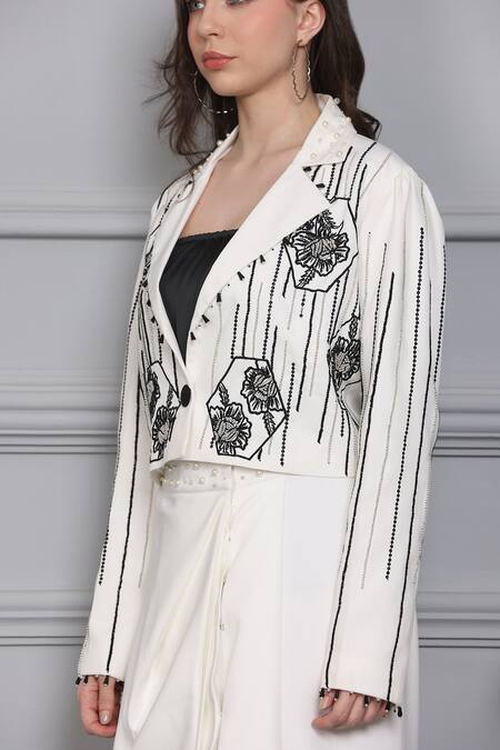 Buy_Midori By Sgv_White Imported Crepe Embroidered Cropped Jacket And Draped Skirt Set  _Online_at_Aza_Fashions
