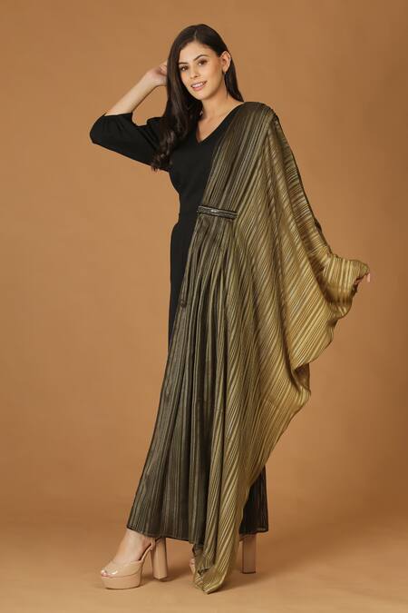 Buy_Midori By Sgv_Green Imported Crepe V Neck Pleated Draped Jumpsuit  _Online_at_Aza_Fashions
