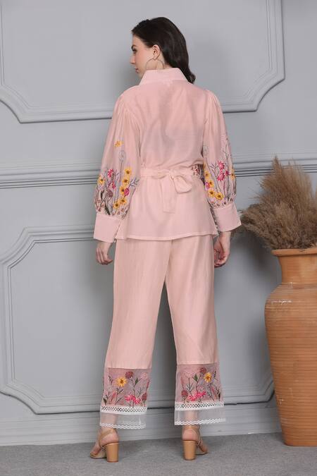 Shop Midori By Sgv Pink Chanderi Embroidery V-neck Floral Top Pant Set at Aza Fashions Shop_Midori By Sgv_Pink Chanderi Embroidery V-neck Floral Top Pant Set _at_Aza_Fashions