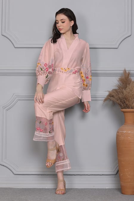 Midori By Sgv Pink Chanderi Embroidery V-neck Floral Top Pant Set Online at Aza Fashions Midori By Sgv_Pink Chanderi Embroidery V-neck Floral Top Pant Set _Online_at_Aza_Fashions