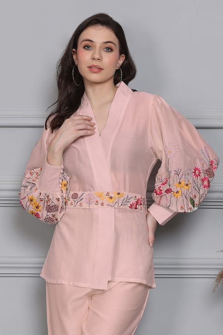 Buy Midori By Sgv Pink Chanderi Embroidery V-neck Floral Top Pant Set Online at Aza Fashions Buy_Midori By Sgv_Pink Chanderi Embroidery V-neck Floral Top Pant Set _Online_at_Aza_Fashions