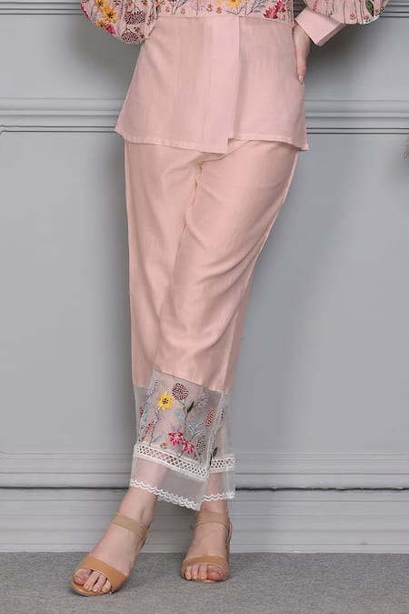 Shop Midori By Sgv Pink Chanderi Embroidery V-neck Floral Top Pant Set Online at Aza Fashions Shop_Midori By Sgv_Pink Chanderi Embroidery V-neck Floral Top Pant Set _Online_at_Aza_Fashions