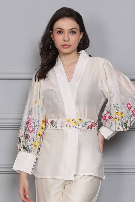 Buy Midori By Sgv Off White Cotton, Silk, Chanderi Embroidery V-neck Floral Top And Pant Set Online at Aza Fashions Buy_Midori By Sgv_Off White Cotton, Silk, Chanderi Embroidery V-neck Floral Top And Pant Set _Online_at_Aza_Fashions