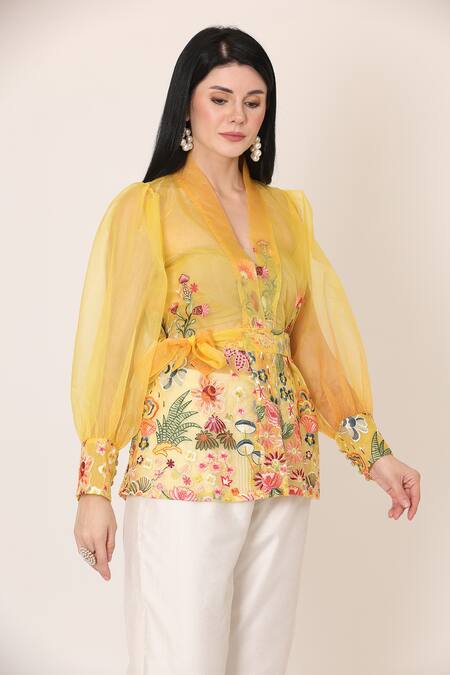 Midori By Sgv_Yellow Organza Embroidery V-neck Floral Wrap Top With Belt _Online_at_Aza_Fashions
