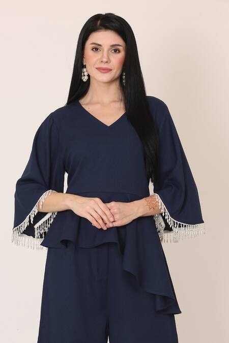 Midori By Sgv Blue Imported Crepe Embroidered Asymmetric Peplum Top And Pant Set Online at Aza Fashions Midori By Sgv_Blue Imported Crepe Embroidered Asymmetric Peplum Top And Pant Set _Online_at_Aza_Fashions