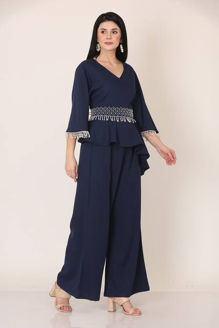 Shop_Midori By Sgv_Blue Imported Crepe Embroidered Asymmetric Peplum Top And Pant Set  _Online_at_Aza_Fashions