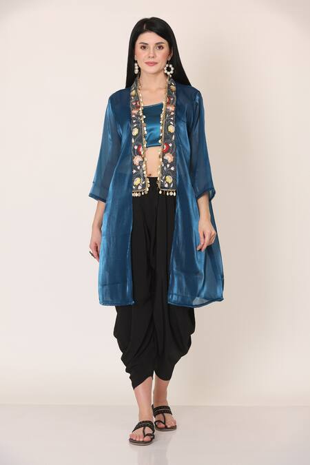 Buy_Midori By Sgv_Blue Shimmer Organza Embroidered Thread Georgette Cape With Bustier  _Online_at_Aza_Fashions