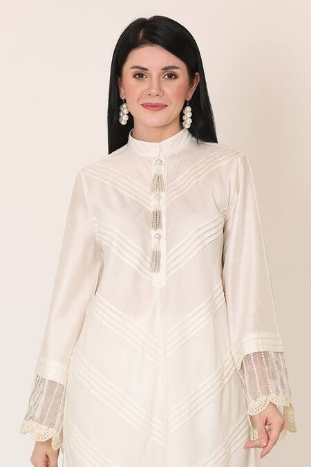 Buy Midori By Sgv White Chanderi, Cotton Pearls, Sequins Silk Embroidered Tunic And Pant Set Online at Aza Fashions Buy_Midori By Sgv_White Chanderi, Cotton Pearls, Sequins Silk Embroidered Tunic And Pant Set _Online_at_Aza_Fashions
