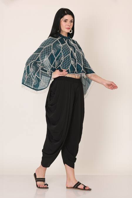 Shop_Midori By Sgv_Green Shimmer Organza Embroidered Pearl Ruffled Cape With Bustier  _Online_at_Aza_Fashions