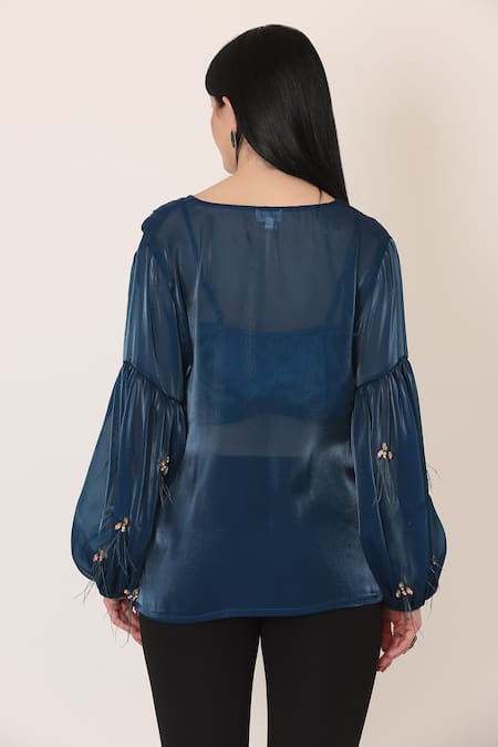 Midori By Sgv Organza Pintucked Feather Embellished Top 