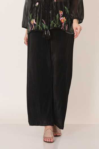 Midori By Sgv_Black Cotton Silk Chanderi Embroidered Thread V Floral Top And Pant Set  _Online_at_Aza_Fashions