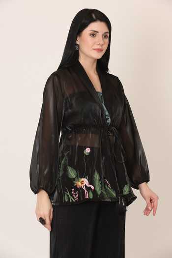 Buy_Midori By Sgv_Black Cotton Silk Chanderi Embroidered Thread V Floral Top And Pant Set  _Online_at_Aza_Fashions