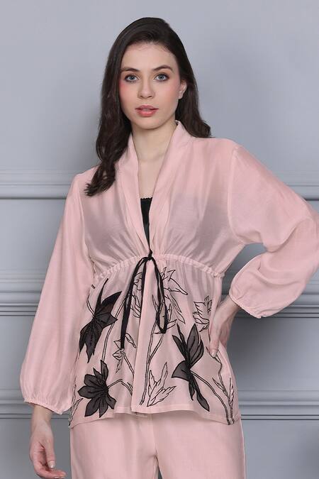 Midori By Sgv_Pink Cotton Silk Chanderi Embroidered Thread V Neck Top Pant Set  _Online_at_Aza_Fashions