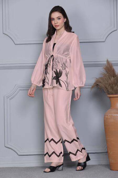 Shop_Midori By Sgv_Pink Cotton Silk Chanderi Embroidered Thread V Neck Top Pant Set  _Online_at_Aza_Fashions