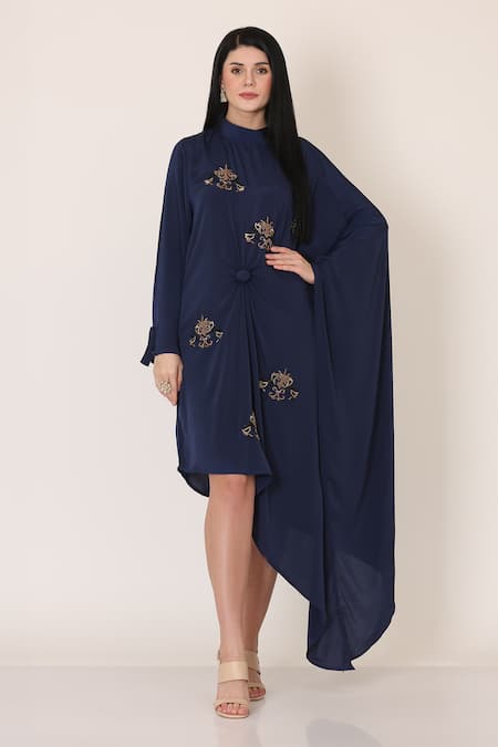 MIDORI BY SGV Blue Butter Crepe Embroidered Zari High Round Cowl Dress 