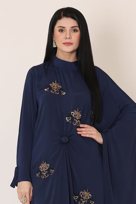 Midori By Sgv_Blue Butter Crepe Embroidered Zari High Round Cowl Dress  _Online_at_Aza_Fashions