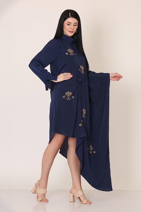 Buy_Midori By Sgv_Blue Butter Crepe Embroidered Zari High Round Cowl Dress  _Online_at_Aza_Fashions