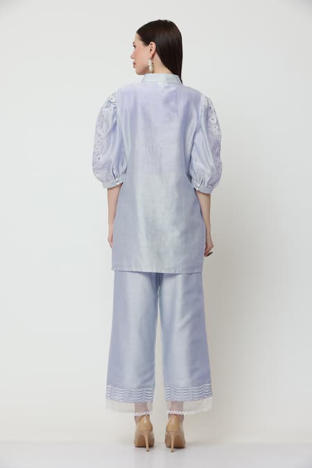Shop Midori By Sgv Blue Cotton Silk Chanderi Embroidered Band Pintuck Tunic And Pant Set at Aza Fashions Shop_Midori By Sgv_Blue Cotton Silk Chanderi Embroidered Band Pintuck Tunic And Pant Set _at_Aza_Fashions