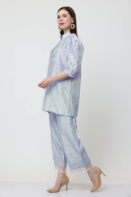 Midori By Sgv Blue Cotton Silk Chanderi Embroidered Band Pintuck Tunic And Pant Set Online at Aza Fashions Midori By Sgv_Blue Cotton Silk Chanderi Embroidered Band Pintuck Tunic And Pant Set _Online_at_Aza_Fashions