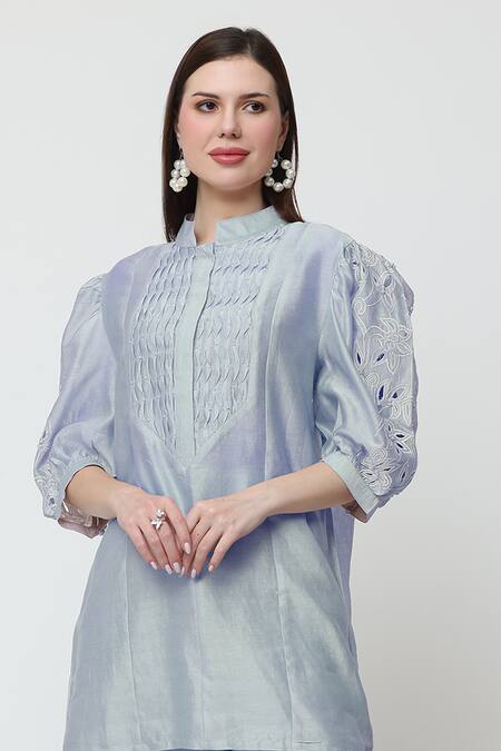 Buy Midori By Sgv Blue Cotton Silk Chanderi Embroidered Band Pintuck Tunic And Pant Set Online at Aza Fashions Buy_Midori By Sgv_Blue Cotton Silk Chanderi Embroidered Band Pintuck Tunic And Pant Set _Online_at_Aza_Fashions