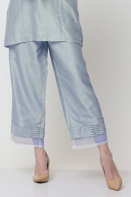 Shop Midori By Sgv Blue Cotton Silk Chanderi Embroidered Band Pintuck Tunic And Pant Set Online at Aza Fashions Shop_Midori By Sgv_Blue Cotton Silk Chanderi Embroidered Band Pintuck Tunic And Pant Set _Online_at_Aza_Fashions
