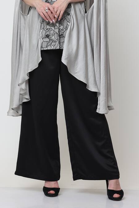 Midori By Sgv Grey Bamboo, Satin Embroidery, Sequins Round Neck Arya Floral Cape Pant Set Online at Aza Fashions Midori By Sgv_Grey Bamboo, Satin Embroidery, Sequins Round Neck Arya Floral Cape Pant Set _Online_at_Aza_Fashions