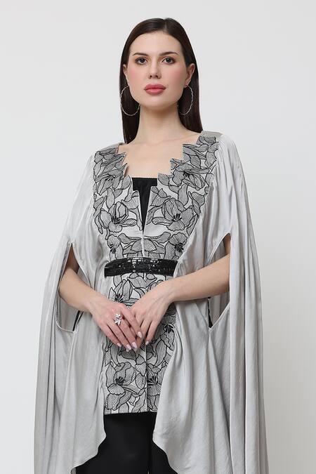 Buy Midori By Sgv Grey Bamboo, Satin Embroidery, Sequins Round Neck Arya Floral Cape Pant Set Online at Aza Fashions Buy_Midori By Sgv_Grey Bamboo, Satin Embroidery, Sequins Round Neck Arya Floral Cape Pant Set _Online_at_Aza_Fashions