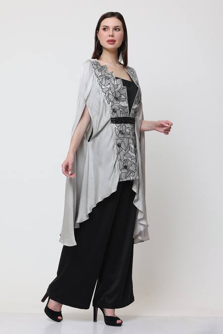 Shop_Midori By Sgv_Grey Bamboo, Satin Embroidery, Sequins Round Neck Arya Floral Cape Pant Set _Online_at_Aza_Fashions