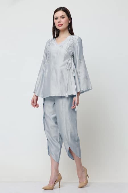 Midori By Sgv Blue Cotton, Silk, Chanderi Embroidery Nora Pleated Bodice Angrakha With Pant Online at Aza Fashions Midori By Sgv_Blue Cotton, Silk, Chanderi Embroidery Nora Pleated Bodice Angrakha With Pant _Online_at_Aza_Fashions