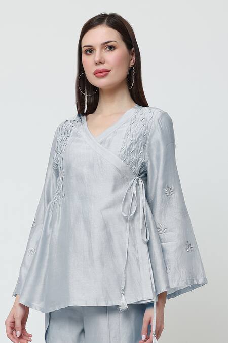 Shop Midori By Sgv Blue Cotton, Silk, Chanderi Embroidery Nora Pleated Bodice Angrakha With Pant Online at Aza Fashions Shop_Midori By Sgv_Blue Cotton, Silk, Chanderi Embroidery Nora Pleated Bodice Angrakha With Pant _Online_at_Aza_Fashions