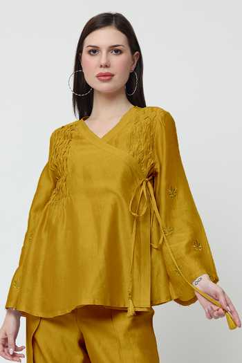 Buy_Midori By Sgv_Yellow Chanderi Embroidery V-neck Nora Thread Angrakha With Pant _Online_at_Aza_Fashions