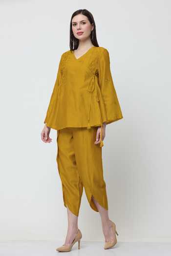Shop_Midori By Sgv_Yellow Chanderi Embroidery V-neck Nora Thread Angrakha With Pant _Online_at_Aza_Fashions