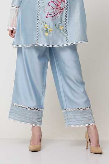 Midori By Sgv_Blue Cotton, Silk, Chanderi Pearls, Lace, Dahila Floral Kurta With Pant _Online_at_Aza_Fashions