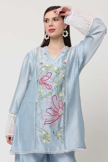 Buy_Midori By Sgv_Blue Cotton, Silk, Chanderi Pearls, Lace, Dahila Floral Kurta With Pant _Online_at_Aza_Fashions