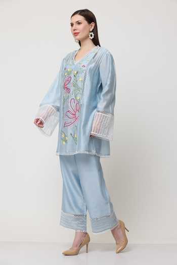 Shop_Midori By Sgv_Blue Cotton, Silk, Chanderi Pearls, Lace, Dahila Floral Kurta With Pant _Online_at_Aza_Fashions