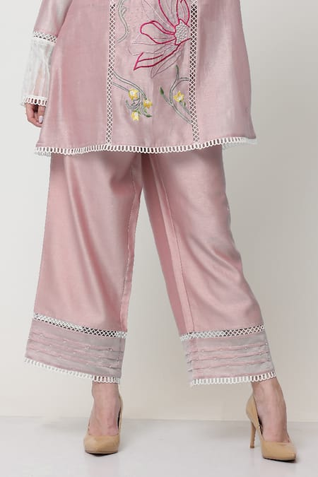 Midori By Sgv_Pink Chanderi, Cotton Lace, Pearls, Embroidery Dahila Thread Kurta With Pant _Online_at_Aza_Fashions