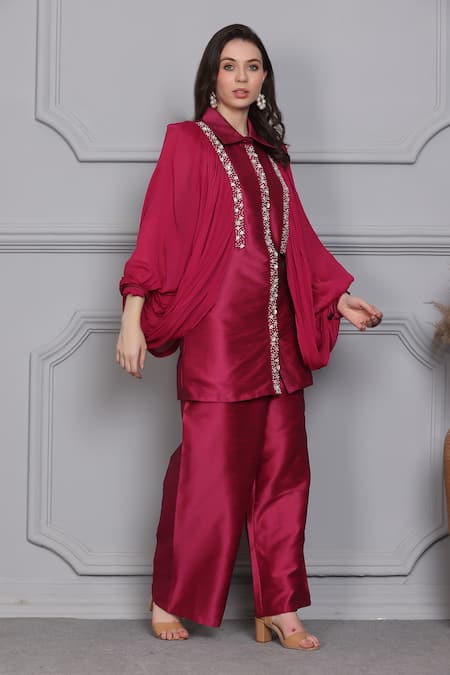 Midori By Sgv_Pink Raw Silk Embellished Pearl Shirt Collar Verve Sequin With Pant  _Online_at_Aza_Fashions