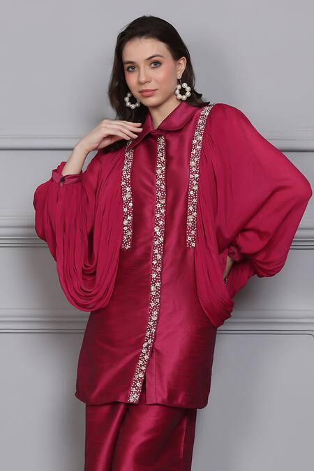 Buy_Midori By Sgv_Pink Raw Silk Embellished Pearl Shirt Collar Verve Sequin With Pant  _Online_at_Aza_Fashions