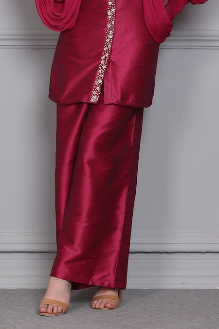 Shop_Midori By Sgv_Pink Raw Silk Embellished Pearl Shirt Collar Verve Sequin With Pant  _Online_at_Aza_Fashions