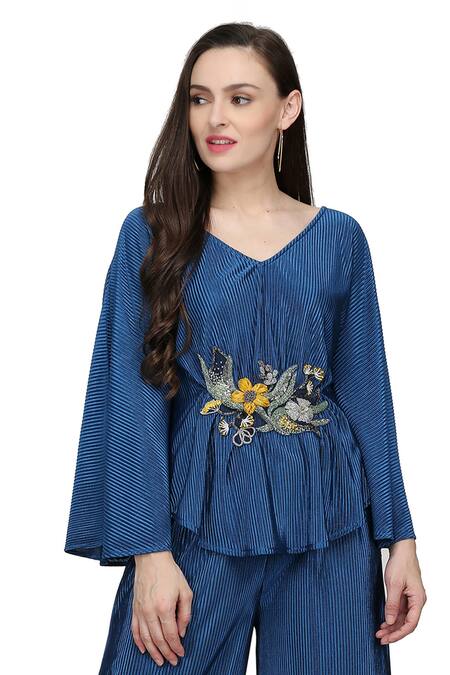 Midori By Sgv_Blue Embroidered Bead V Neck Drop-shoulder Floral Top And Pant Set  _Online_at_Aza_Fashions
