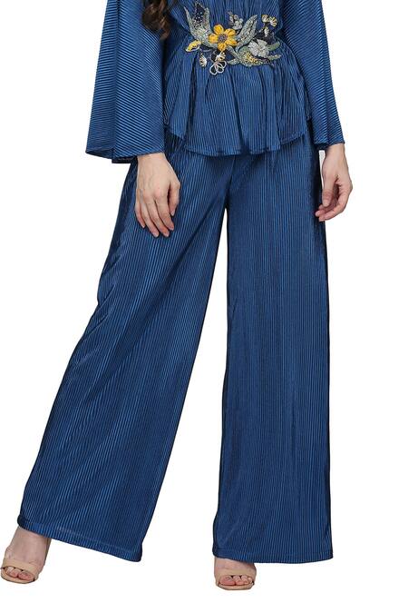 Buy_Midori By Sgv_Blue Embroidered Bead V Neck Drop-shoulder Floral Top And Pant Set  _Online_at_Aza_Fashions