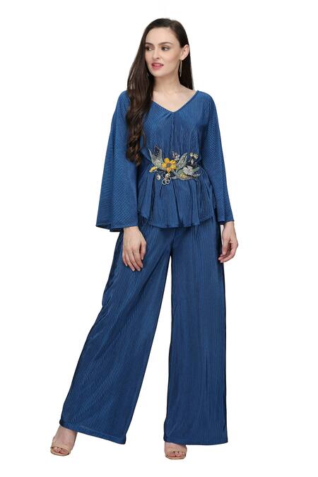 Shop_Midori By Sgv_Blue Embroidered Bead V Neck Drop-shoulder Floral Top And Pant Set  _Online_at_Aza_Fashions