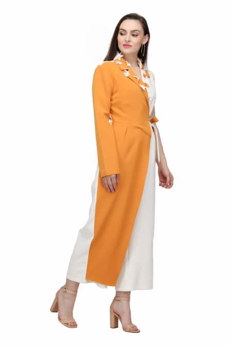 Shop_Midori By Sgv_Yellow Crepe Lycra Lapel Collar Color Blocked Tie-up Jumpsuit  _at_Aza_Fashions
