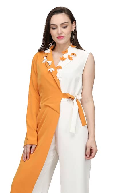 Midori By Sgv_Yellow Crepe Lycra Lapel Collar Color Blocked Tie-up Jumpsuit  _Online_at_Aza_Fashions