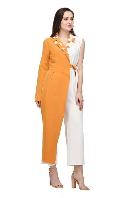Buy_Midori By Sgv_Yellow Crepe Lycra Lapel Collar Color Blocked Tie-up Jumpsuit  _Online_at_Aza_Fashions