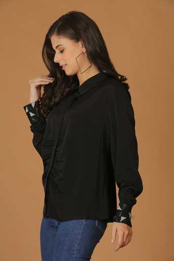Midori By Sgv_Black Viscose Crepe Silk Collared Embroidered Cuff Sleeve Shirt  _Online_at_Aza_Fashions