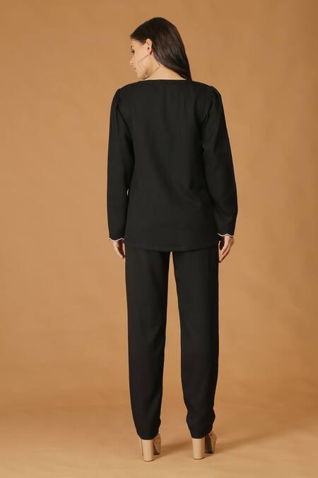 Shop_Midori By Sgv_Black Imported Crepe Embroidered Floral Scalloped Neck Top And Pant Set  _at_Aza_Fashions