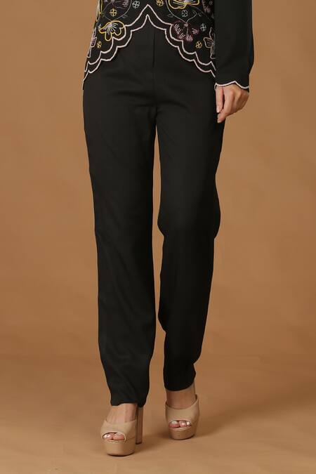 Buy_Midori By Sgv_Black Imported Crepe Embroidered Floral Scalloped Neck Top And Pant Set  _Online_at_Aza_Fashions