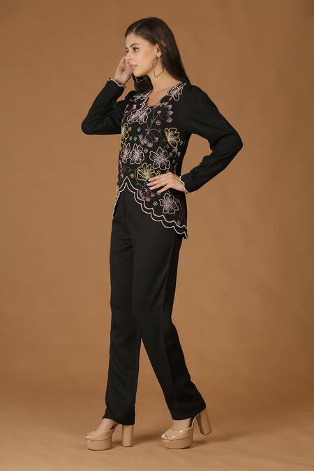 Shop_Midori By Sgv_Black Imported Crepe Embroidered Floral Scalloped Neck Top And Pant Set  _Online_at_Aza_Fashions